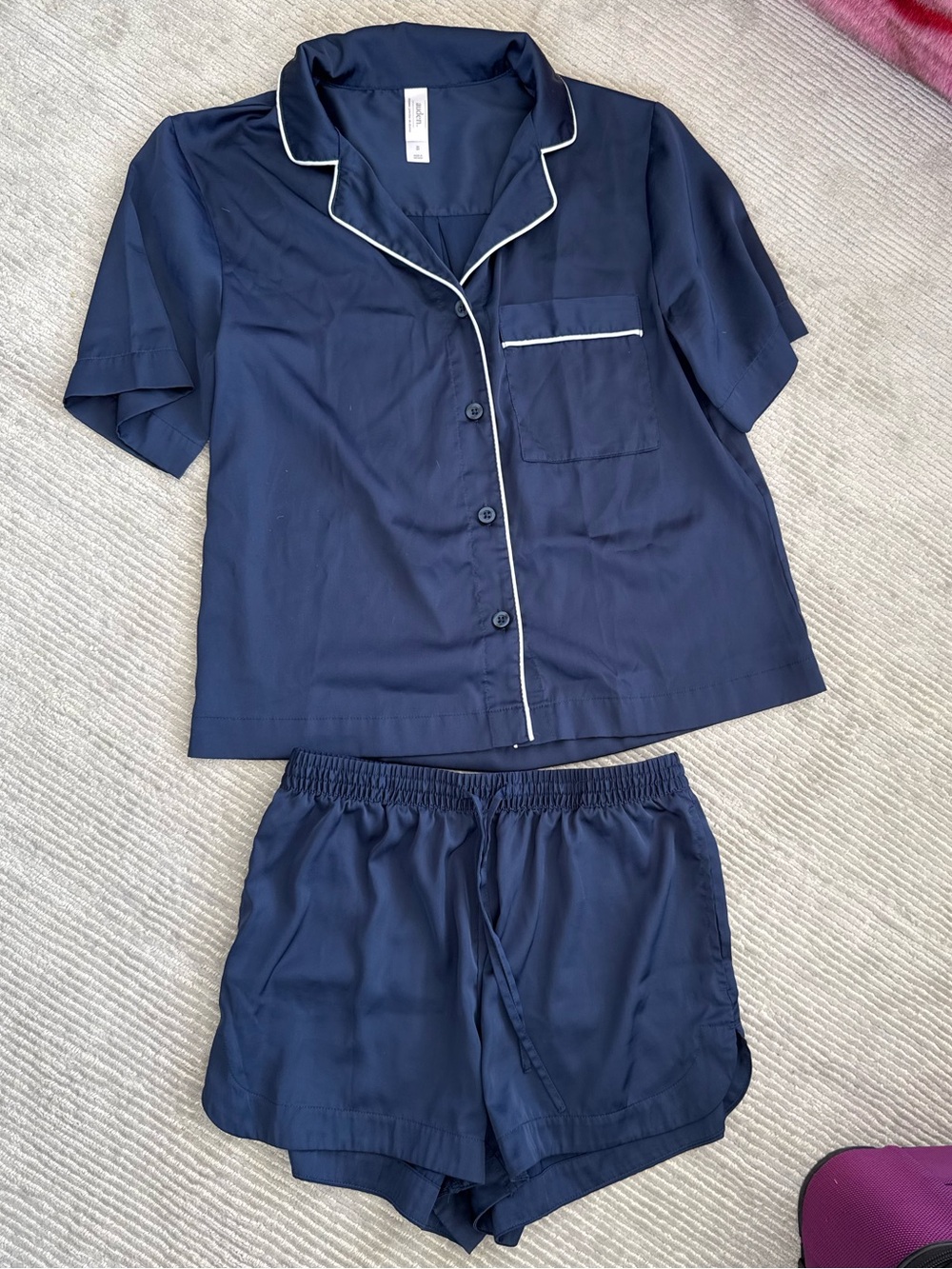 Auden Navy Short Sleeve Two-Piece Pajama Set with White Piping